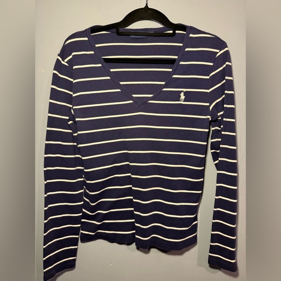 Ralph Lauren Fitted Blue and White Long Sleeve Tee - Picture 1 of 2
